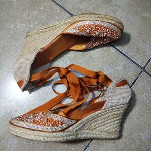 Montego Bay Club Leg Strap Beaded & Embroidered Pearl Wedges Espadrilles Size 8